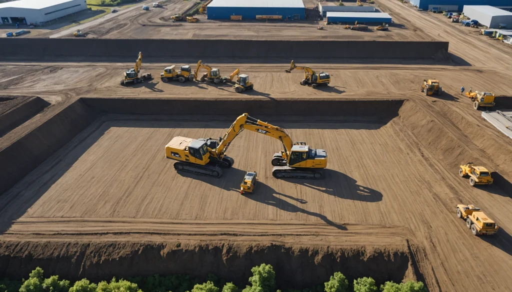 Engineers review site plans as groundworks progress across organised construction zones