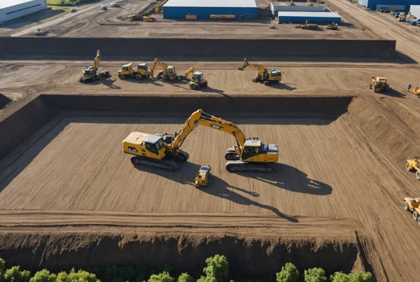 Engineers review site plans as groundworks progress across organised construction zones