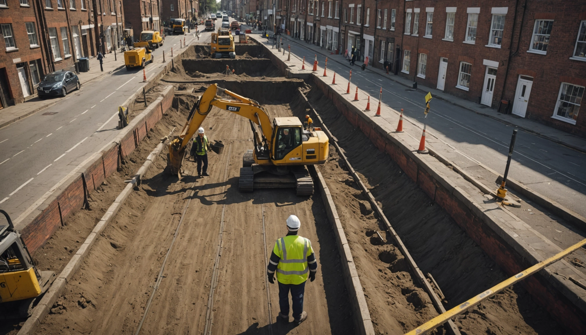 Roadworks and temporary traffic lights causing congestion on a town street