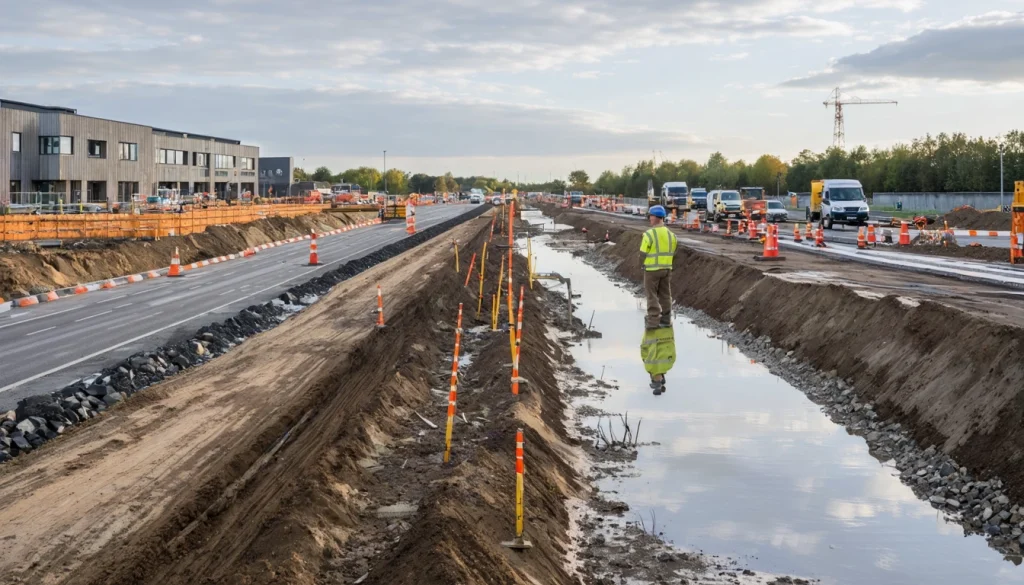 Engineers survey organised infrastructure works leading toward emerging Cambridge developments