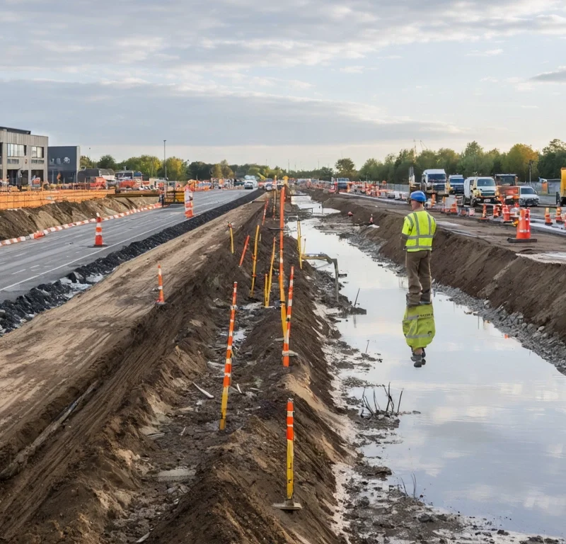 Engineers survey organised infrastructure works leading toward emerging Cambridge developments