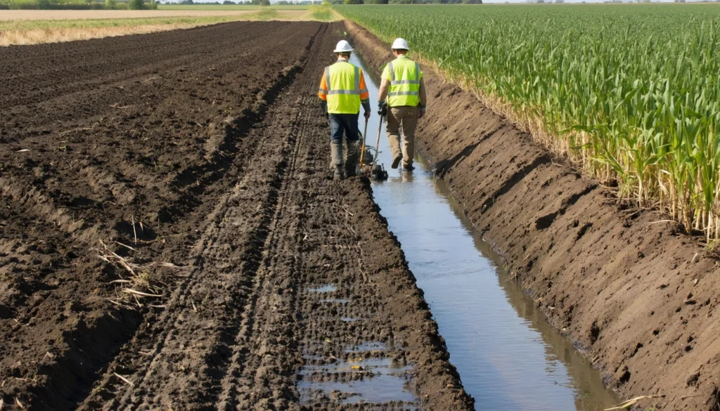 Researchers inspect a vegetated drainage channel across Cambridgeshire peat farmland