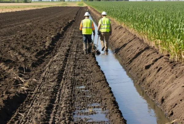 Researchers inspect a vegetated drainage channel across Cambridgeshire peat farmland