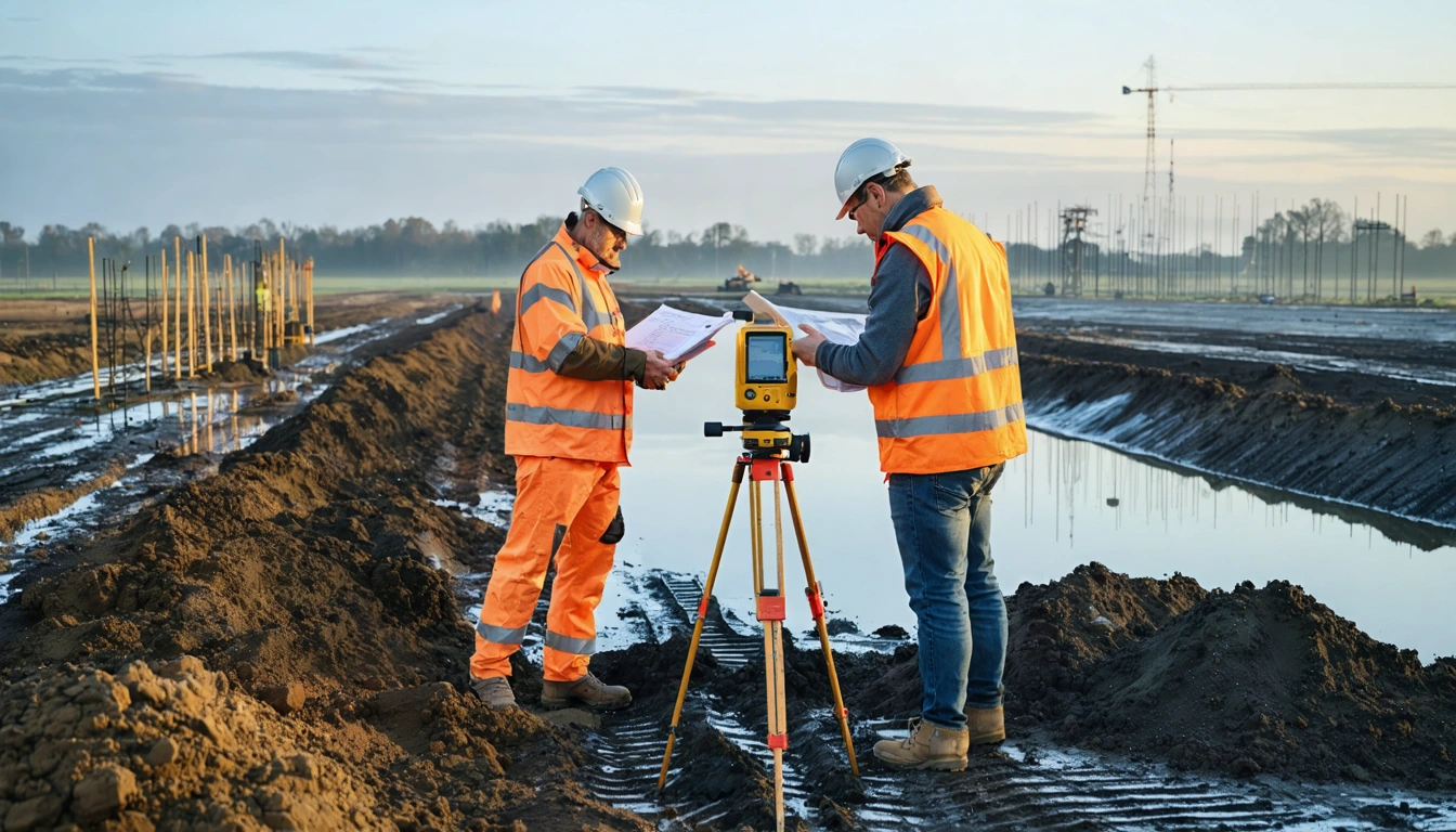 Engineers survey a misty British development site at sunrise