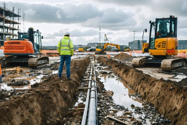 Engineers assess stalled activities across a partially cleared construction site