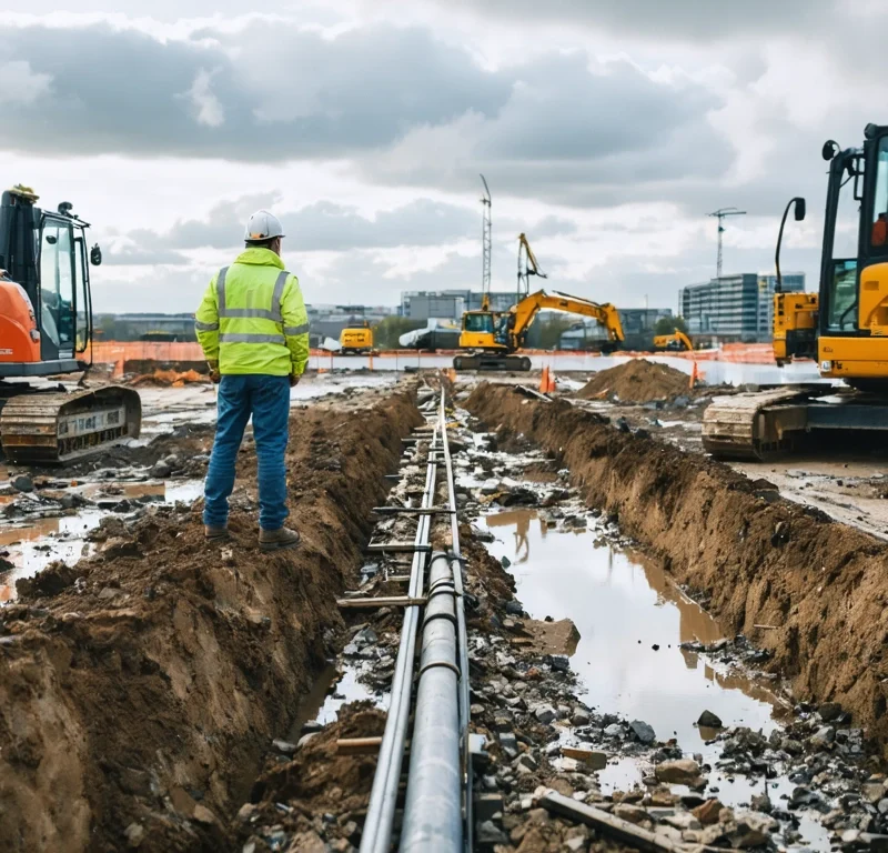 Engineers assess stalled activities across a partially cleared construction site