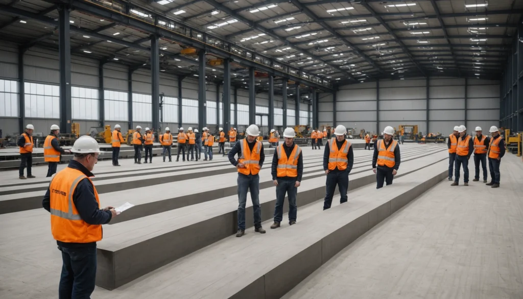 Engineers inspect low-carbon precast foundations in an automated UK factory