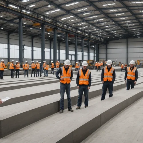 Engineers inspect low-carbon precast foundations in an automated UK factory