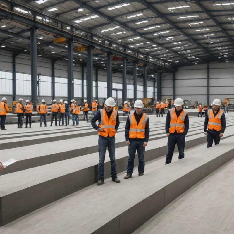 Engineers inspect low-carbon precast foundations in an automated UK factory