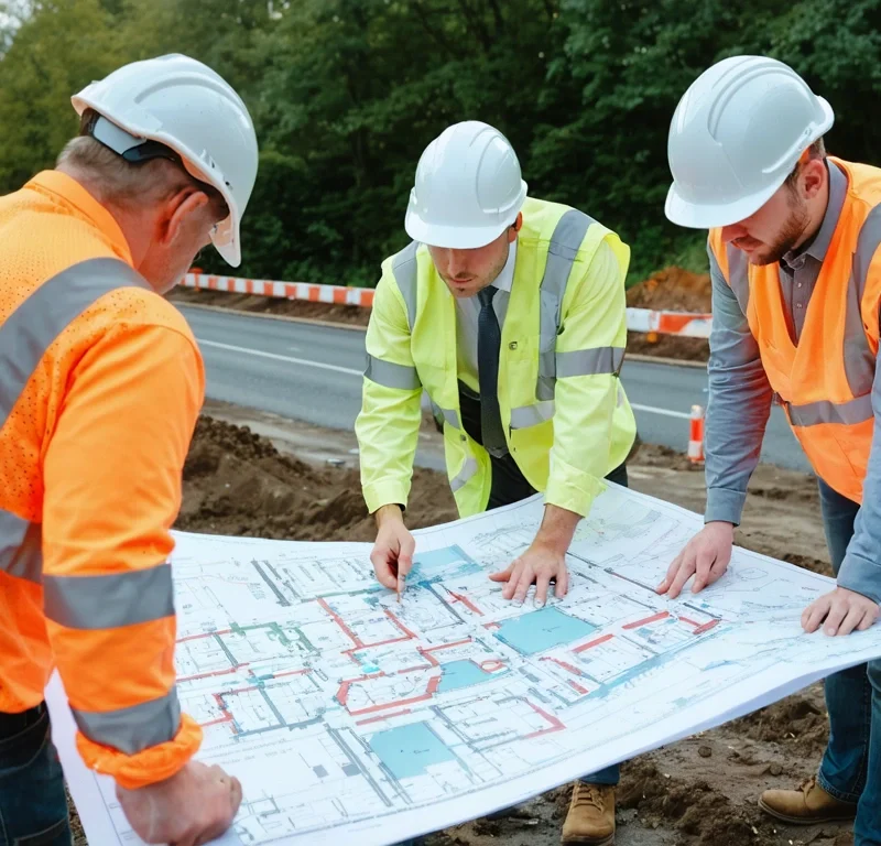 Civil engineering team coordinates surveys and site preparation near an urban road