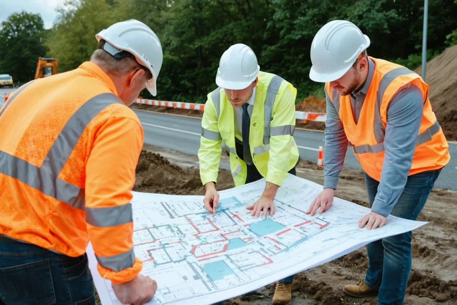 Civil engineering team coordinates surveys and site preparation near an urban road