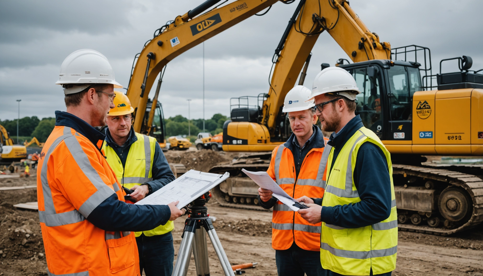 Civil engineering team reviews site levels beside surveying equipment