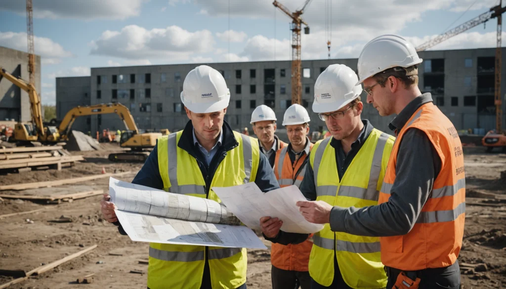Civil engineering team reviews plans and survey points before excavation
