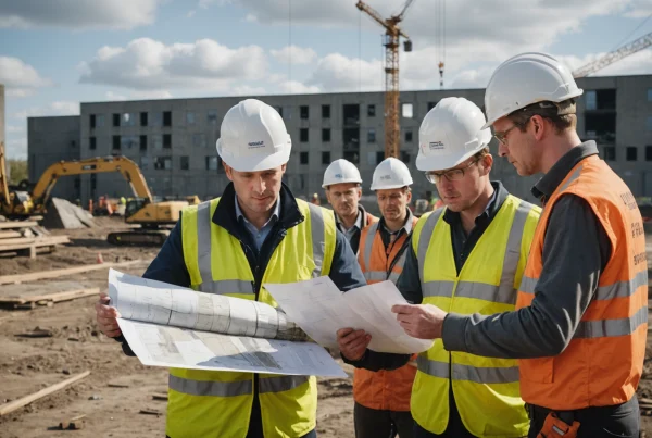 Civil engineering team reviews plans and survey points before excavation