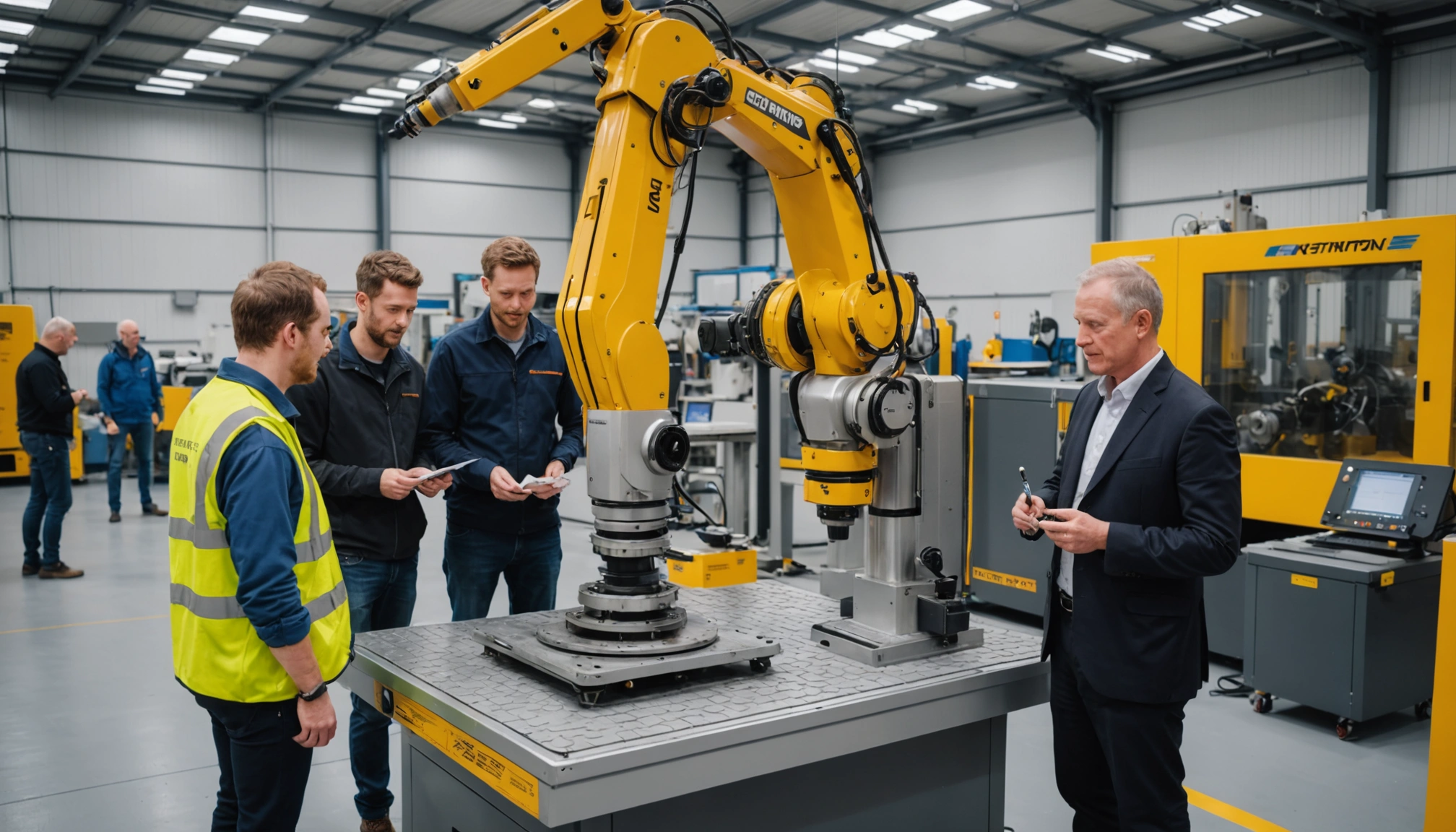 Trainer and operatives discuss robotic handling beside foundation mould in training bay