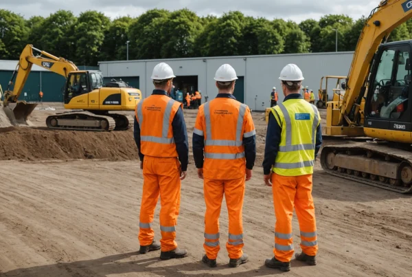 Civil engineering team surveys ground beside excavator and restricted access route
