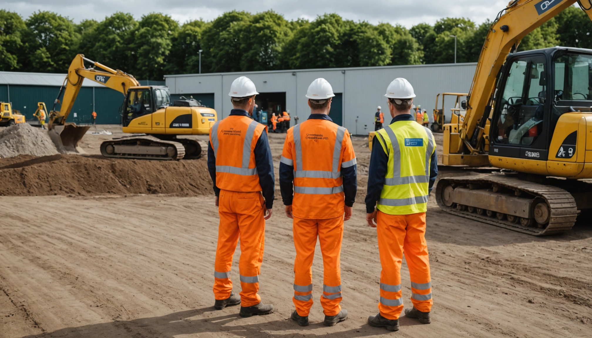 Civil engineering team surveys ground beside excavator and restricted access route