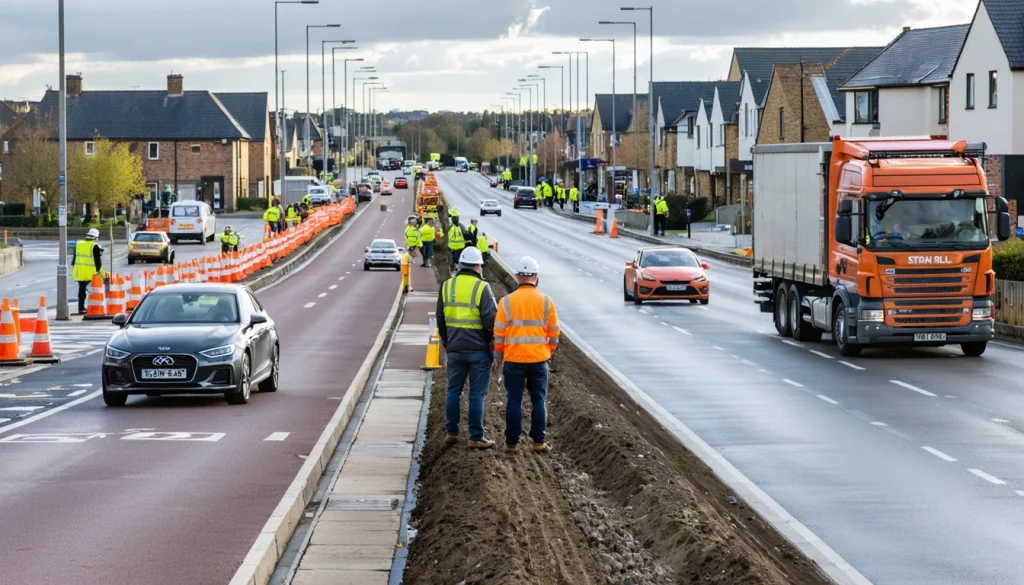 Photorealistic wide editorial hero image of a major UK town-centre highway improvement linked to a new development
