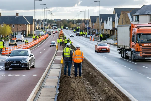 Photorealistic wide editorial hero image of a major UK town-centre highway improvement linked to a new development