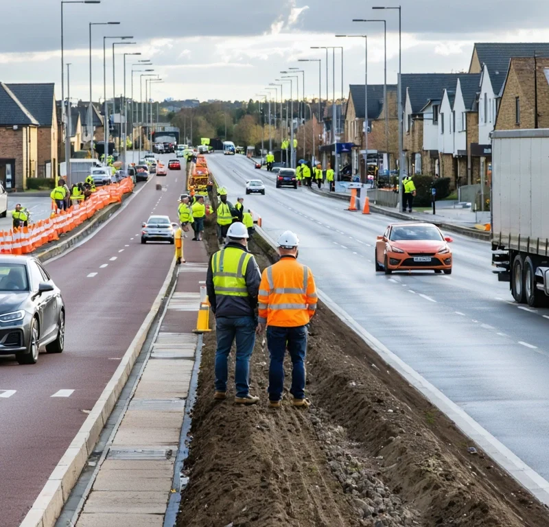 Photorealistic wide editorial hero image of a major UK town-centre highway improvement linked to a new development
