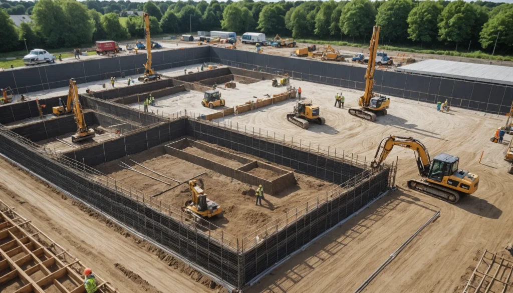 Engineers confer beside reinforced foundations prepared for concrete pouring