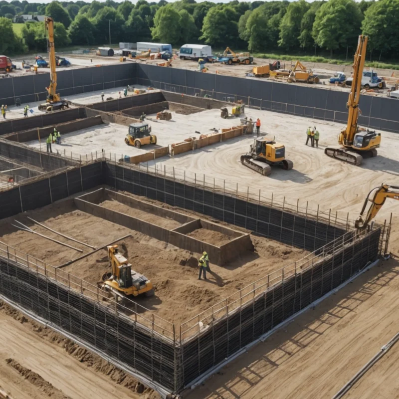 Engineers confer beside reinforced foundations prepared for concrete pouring