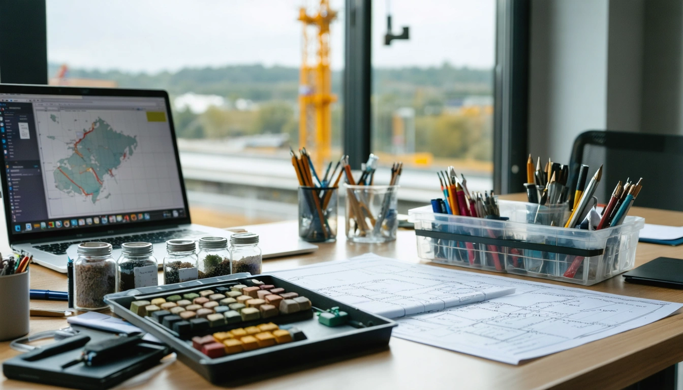 Organized asset management desk with soil cores, drawings, tools, and embankment view