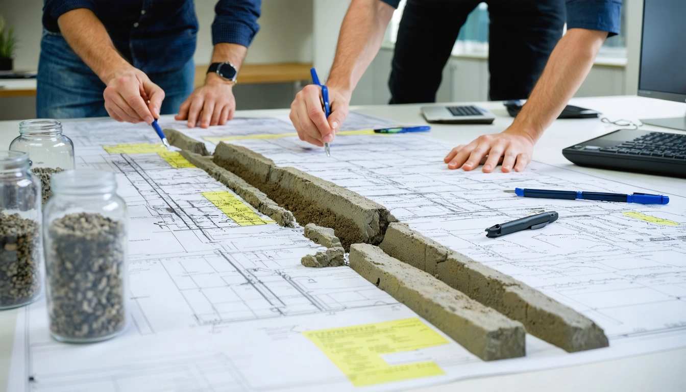Engineers compare soil cores, moisture samples, and cracked concrete for settlement causes