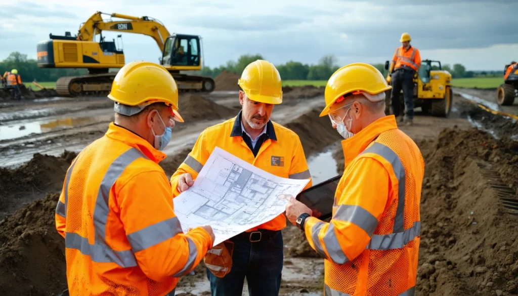 Wide hero editorial photograph of a civil engineering team on a large UK infrastructure site, standing together in the