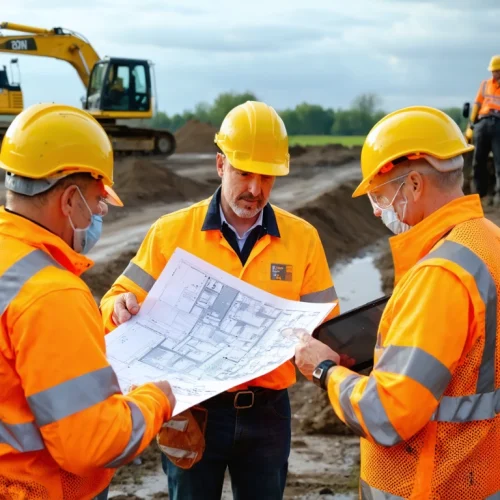 Wide hero editorial photograph of a civil engineering team on a large UK infrastructure site, standing together in the