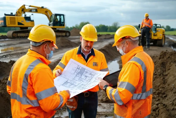 Wide hero editorial photograph of a civil engineering team on a large UK infrastructure site, standing together in the