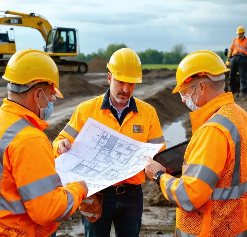 Wide hero editorial photograph of a civil engineering team on a large UK infrastructure site, standing together in the