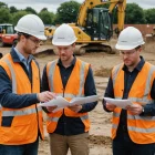 Construction team reviews site plans beside active groundworks operations