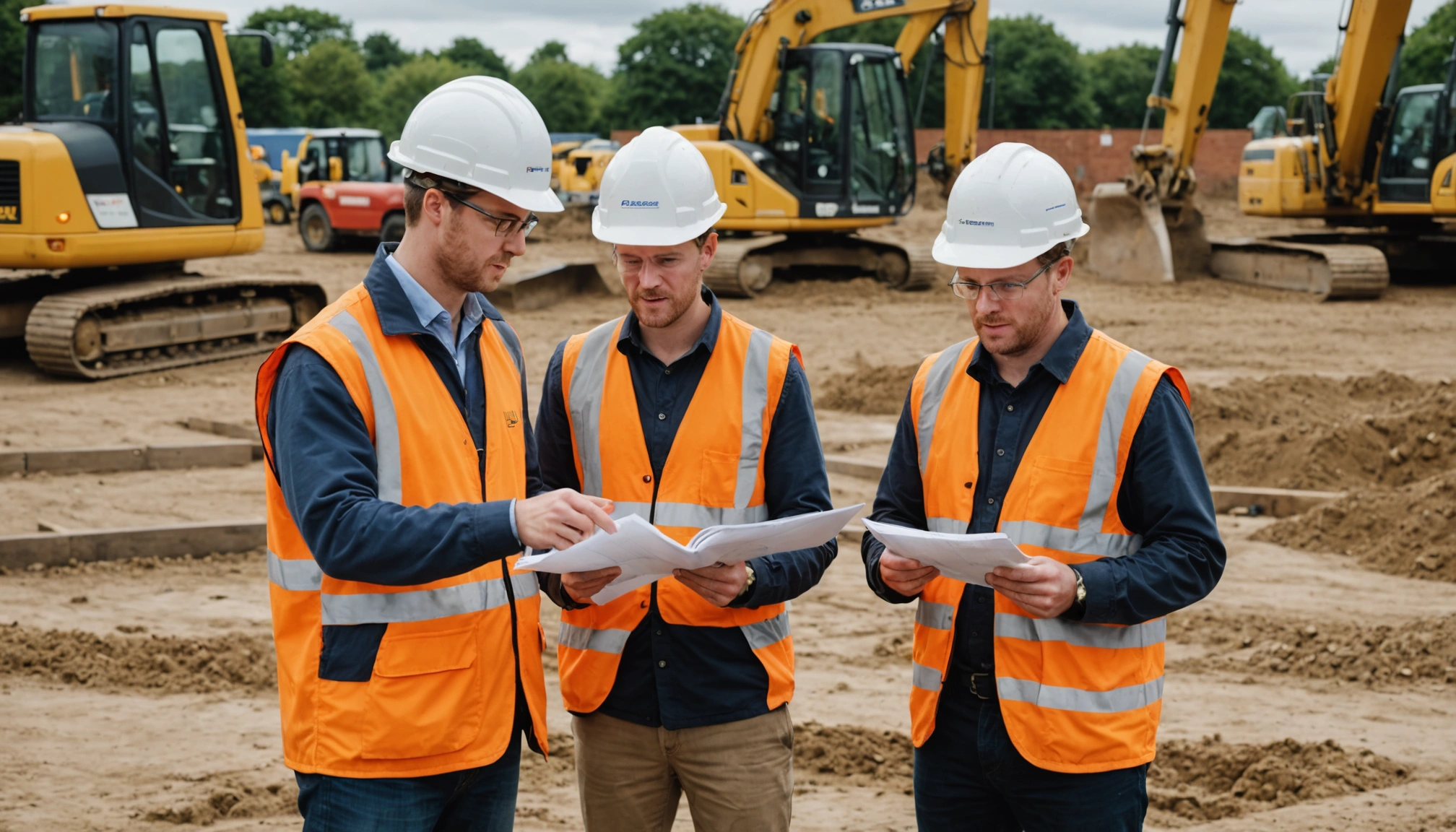 Construction team reviews site plans beside active groundworks operations