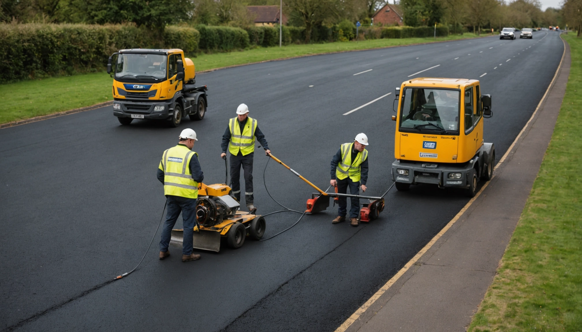 Worker inspecting cracks in a commercial asphalt parking lot