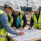 Civil engineering team reviews site plans beside trial excavation works