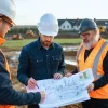 Project team reviewing plans beside an active British housing development