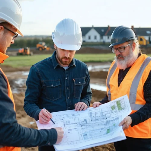 Project team reviewing plans beside an active British housing development