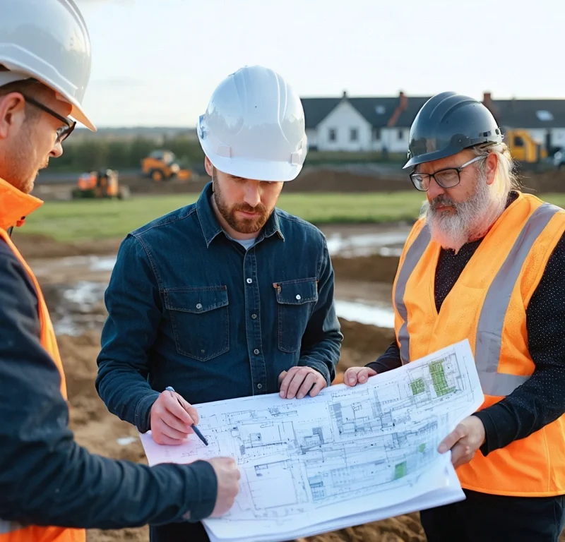 Project team reviewing plans beside an active British housing development