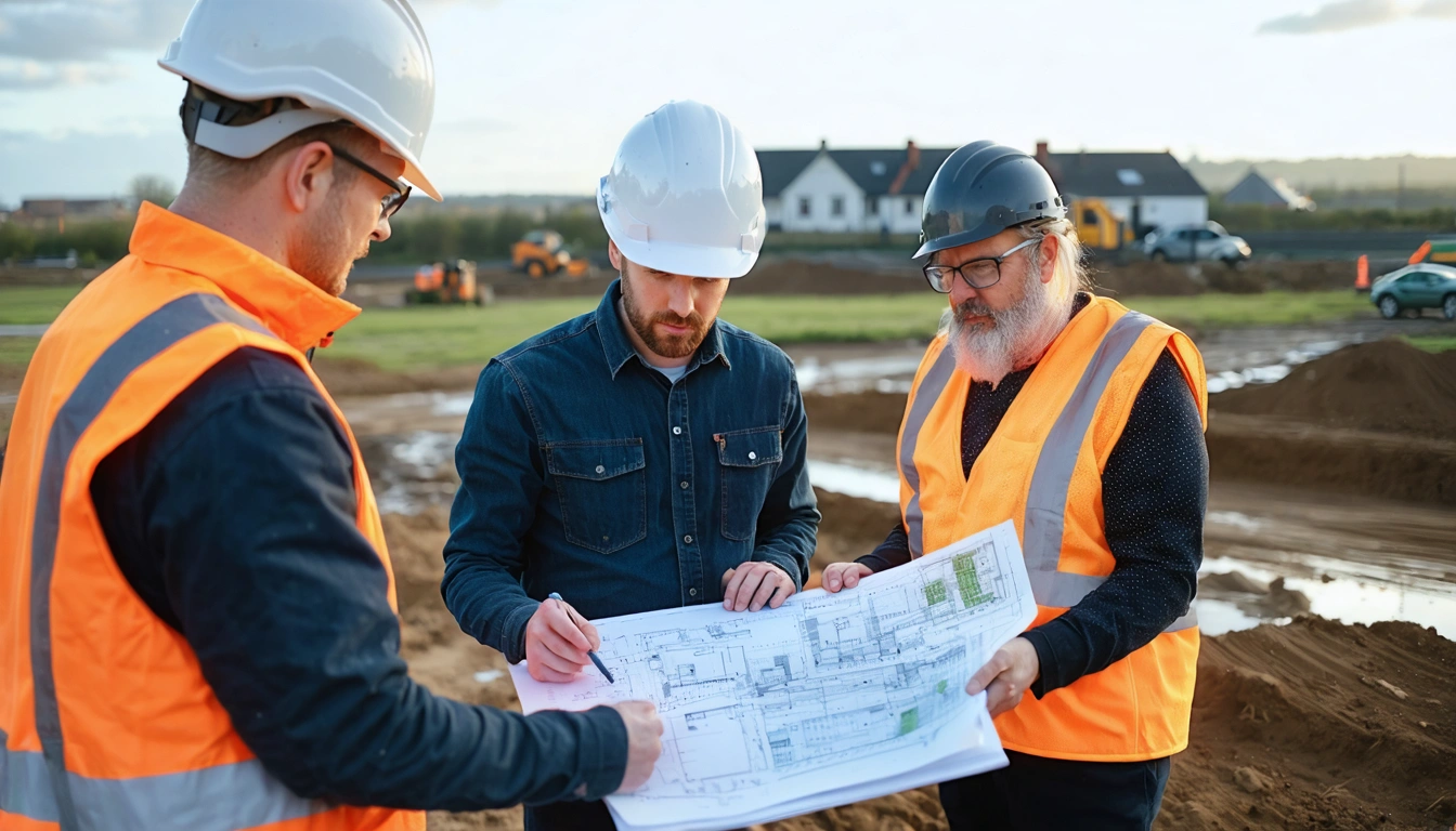Project team reviewing plans beside an active British housing development