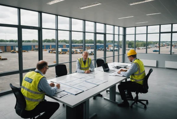 Engineering professionals review pavement plans overlooking a busy logistics yard