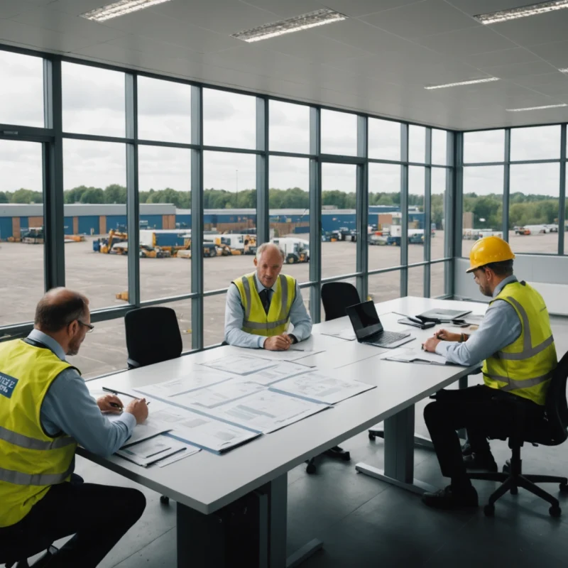Engineering professionals review pavement plans overlooking a busy logistics yard