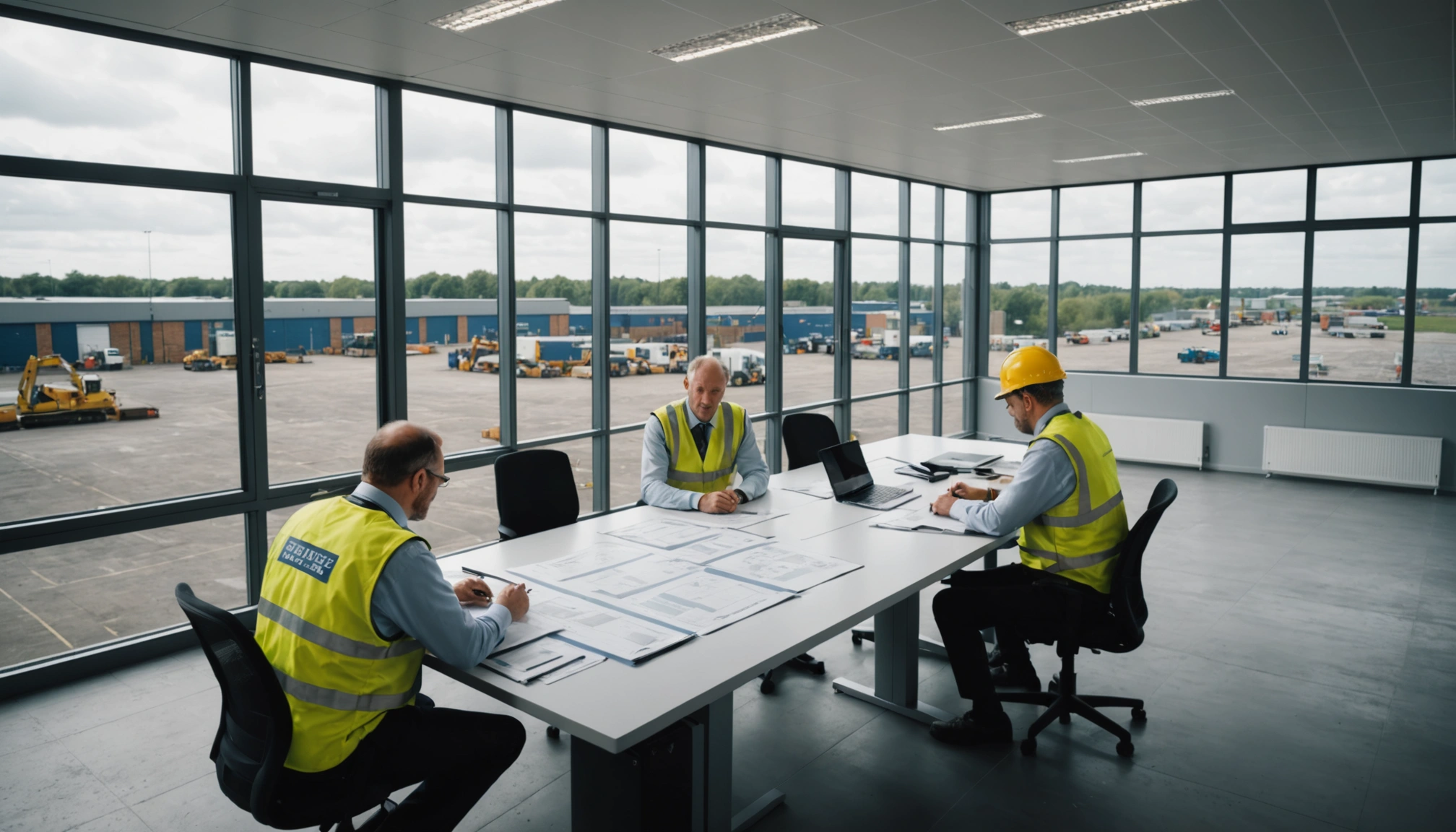 Engineering professionals review pavement plans overlooking a busy logistics yard