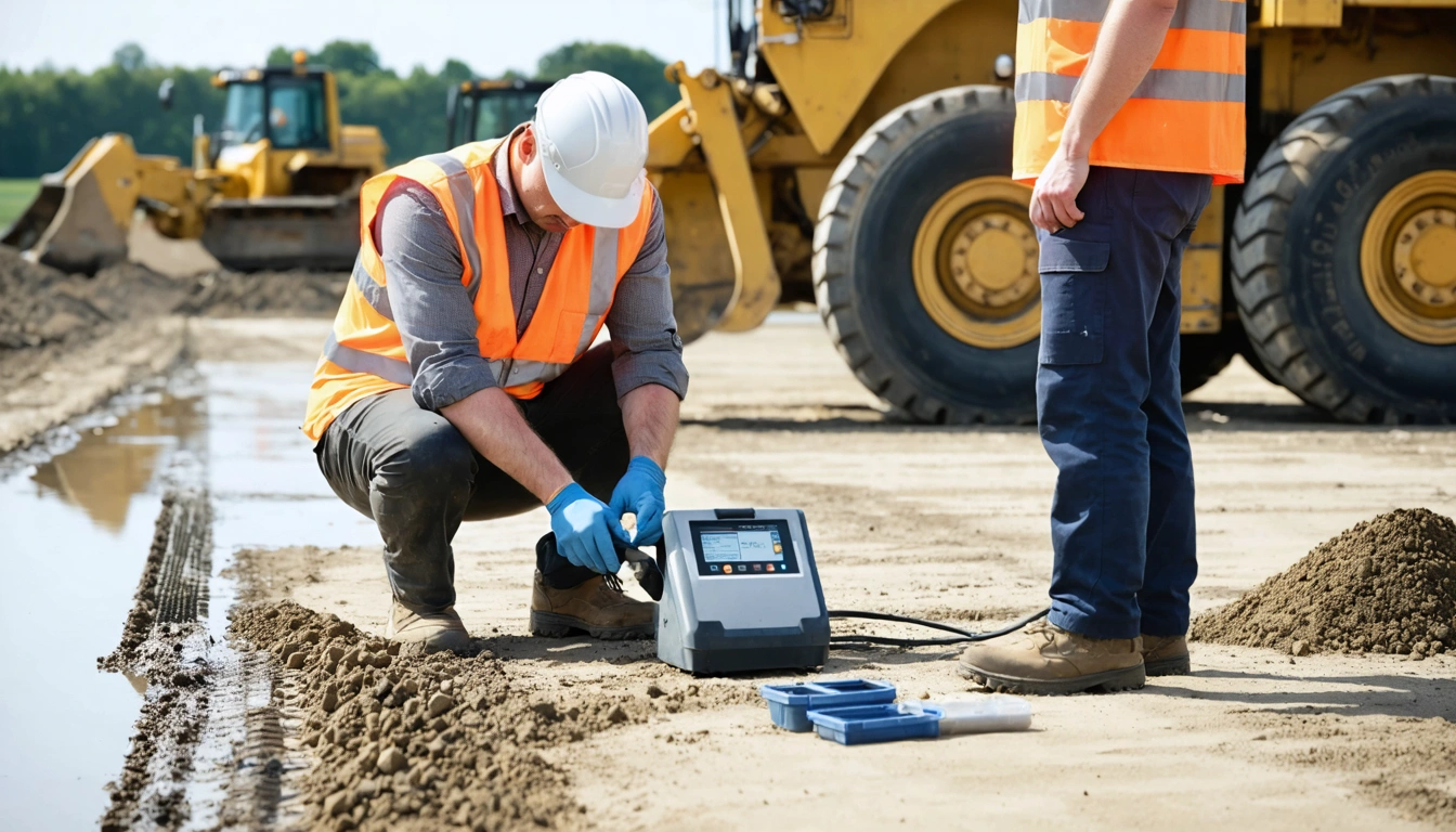 Surveyor measuring ground levels beside a prepared building site