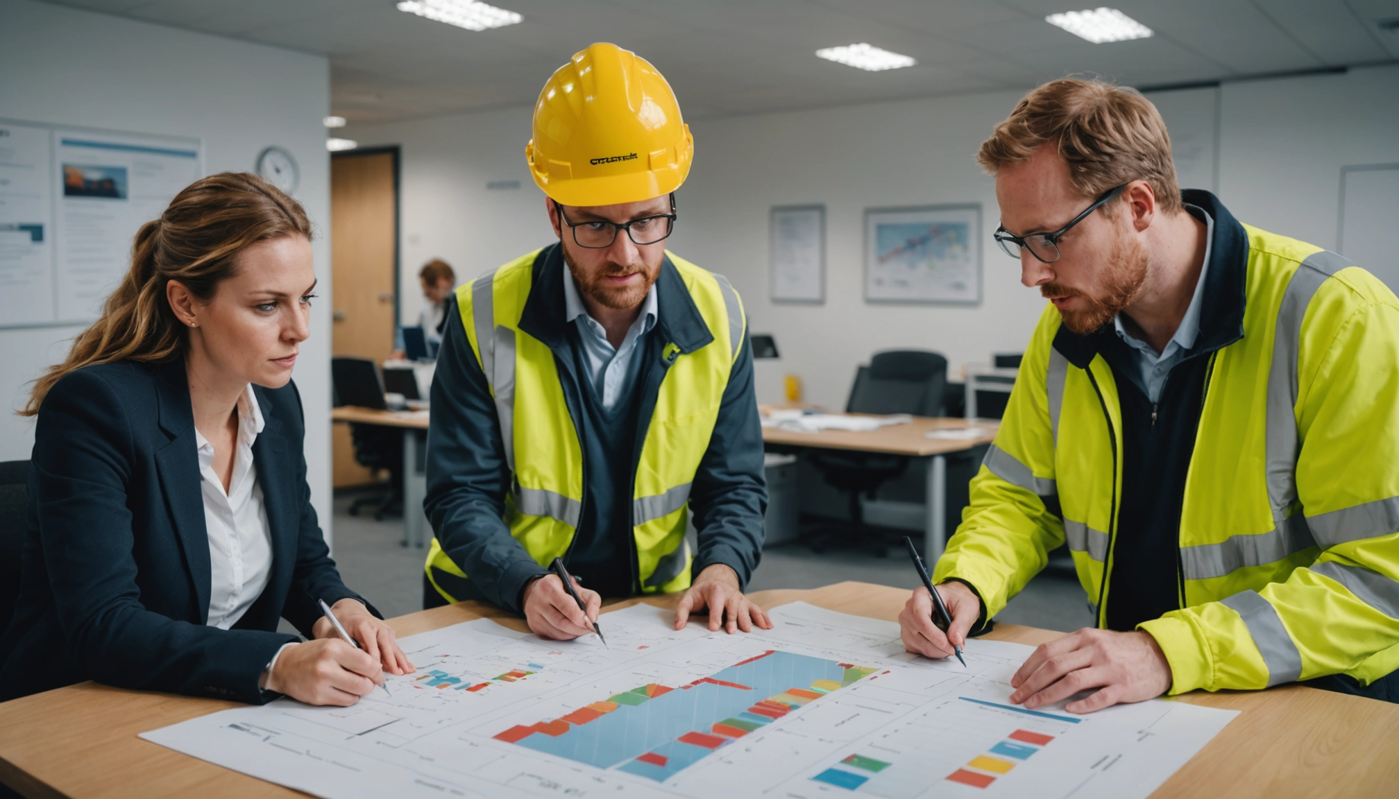 Groundworks contractor reviewing construction plans beside an excavated site