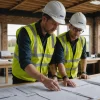 Engineer and site manager review project handover materials beside completed groundworks