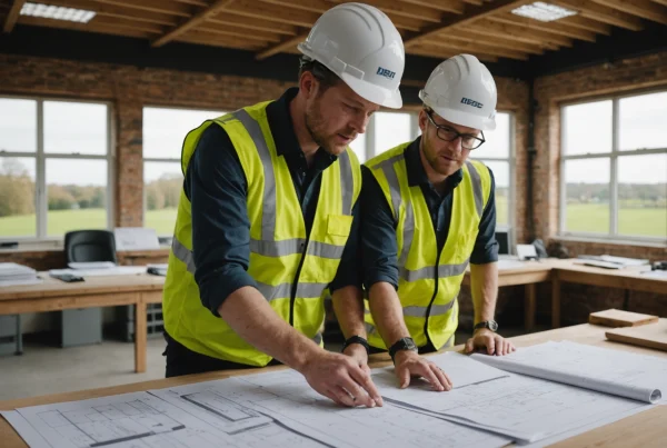 Engineer and site manager review project handover materials beside completed groundworks