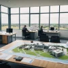 Construction team reviews project plans overlooking active infrastructure works
