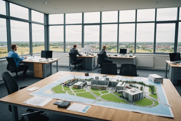 Construction team reviews project plans overlooking active infrastructure works