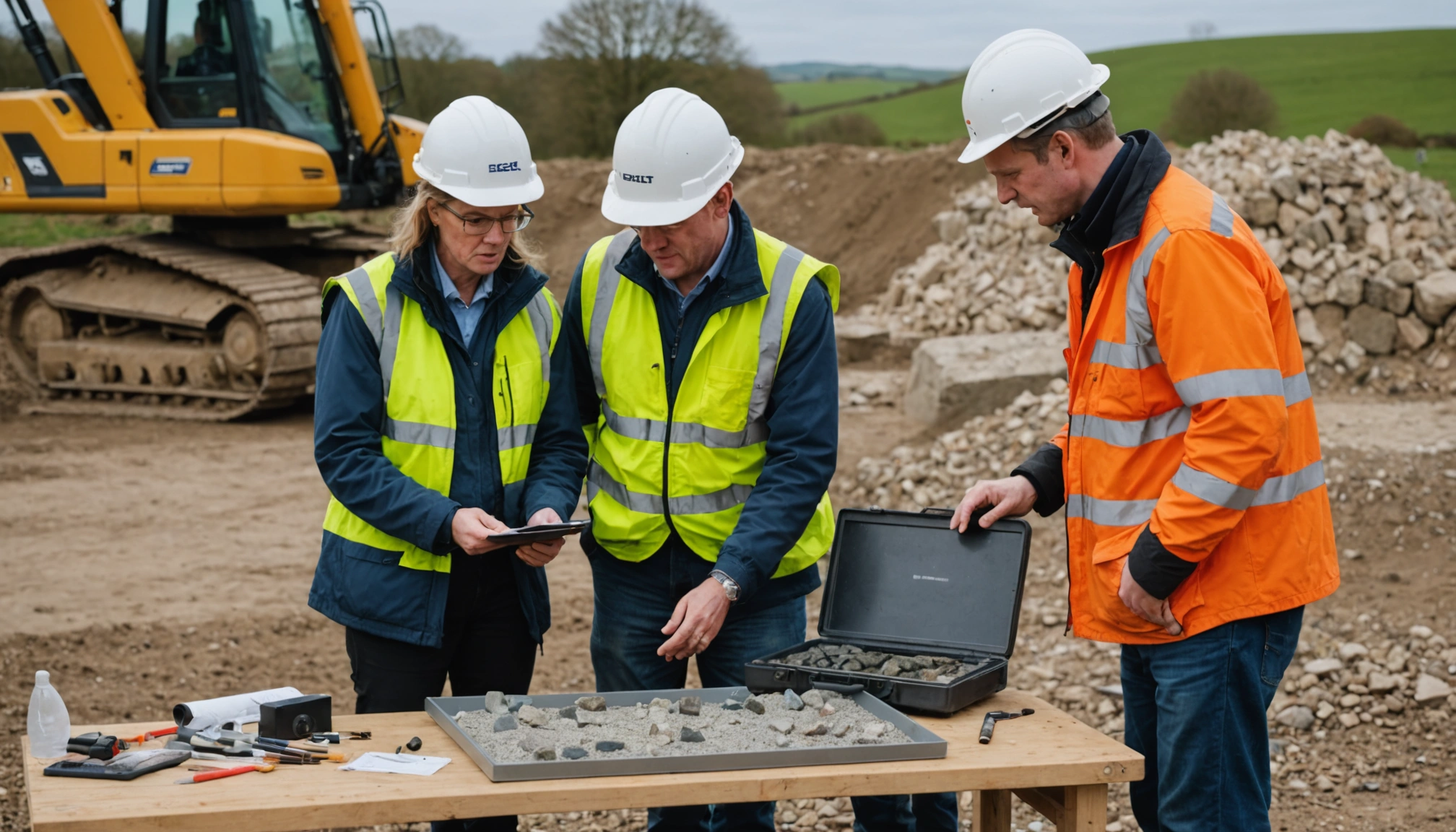 Engineers inspecting ground conditions beside foundations on a development site